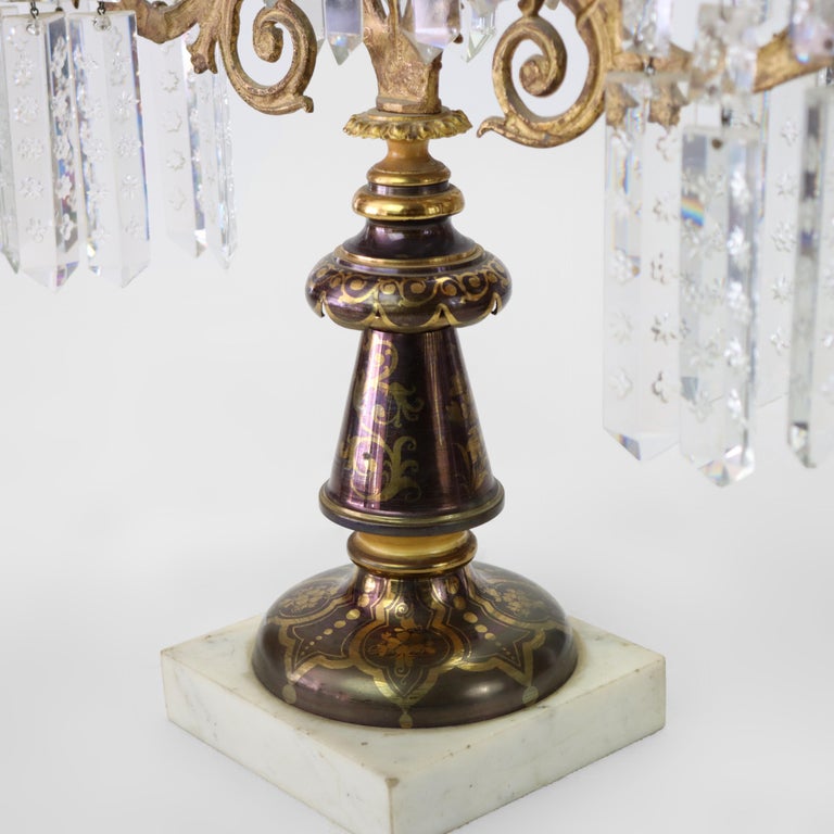 Pair of Antique Brass, Crystal & Marble Giradoles C1920
