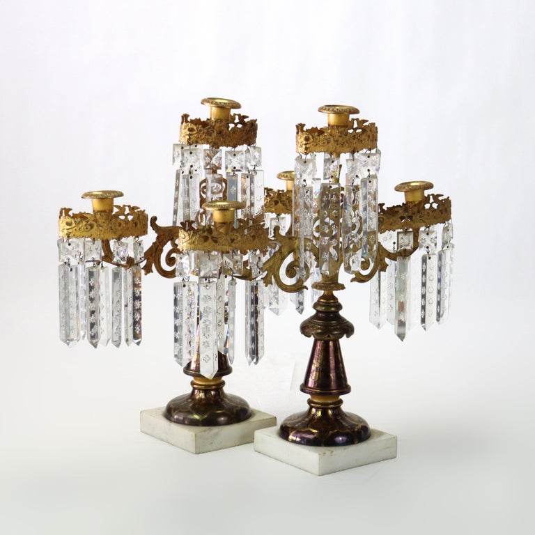 Pair of Antique Brass, Crystal & Marble Giradoles C1920