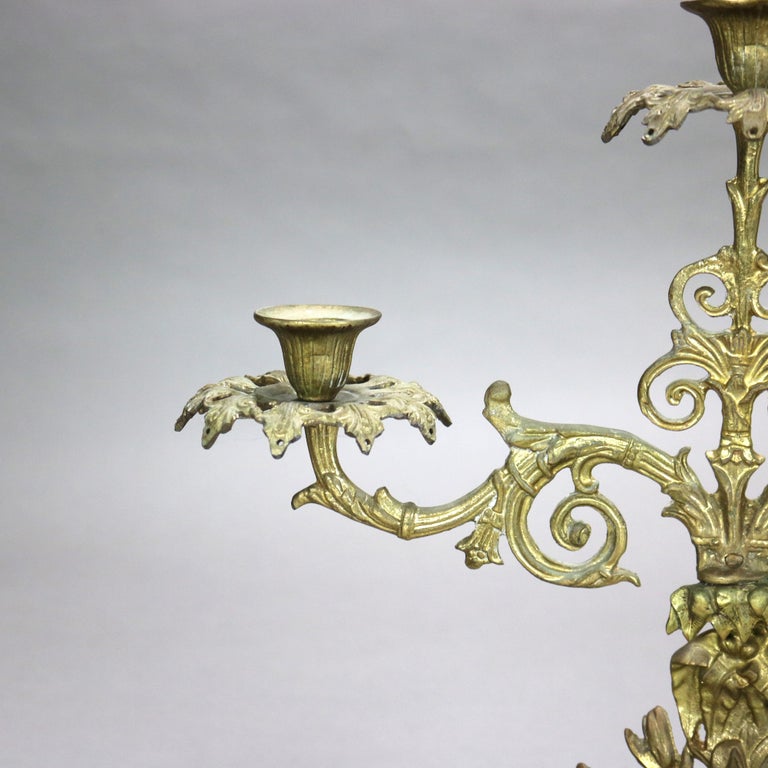 Antique Brass & Marble Girandole Candelabra with Basket of Flowers C1890