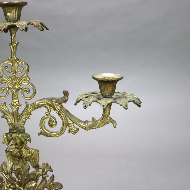 Antique Brass & Marble Girandole Candelabra with Basket of Flowers C1890
