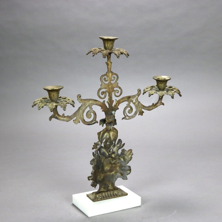 Antique Brass & Marble Girandole Candelabra with Basket of Flowers C1890