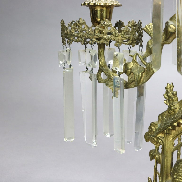 Antique Brass, Crystal & Marble Girandole Candelabra with Beehive & Bear C1890