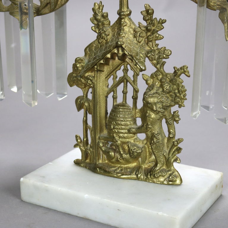 Antique Brass, Crystal & Marble Girandole Candelabra with Beehive & Bear C1890