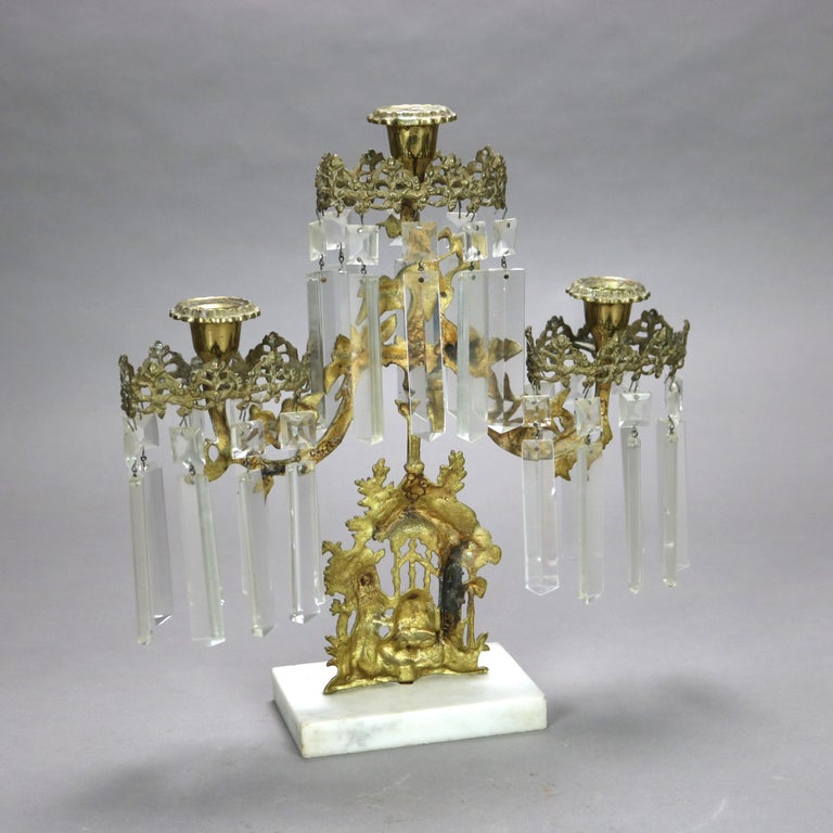 Antique Brass, Crystal & Marble Girandole Candelabra with Beehive & Bear C1890