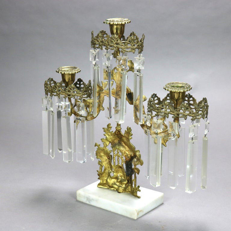 Antique Brass, Crystal & Marble Girandole Candelabra with Beehive & Bear C1890