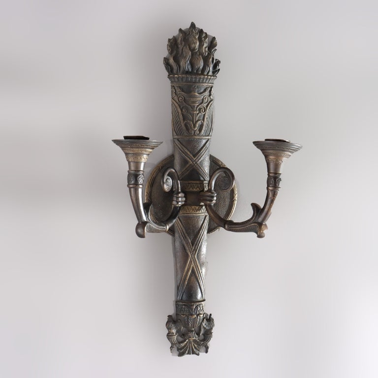 Antique Bronze Classical Torch Form Two-Light Wall Sconce C1920