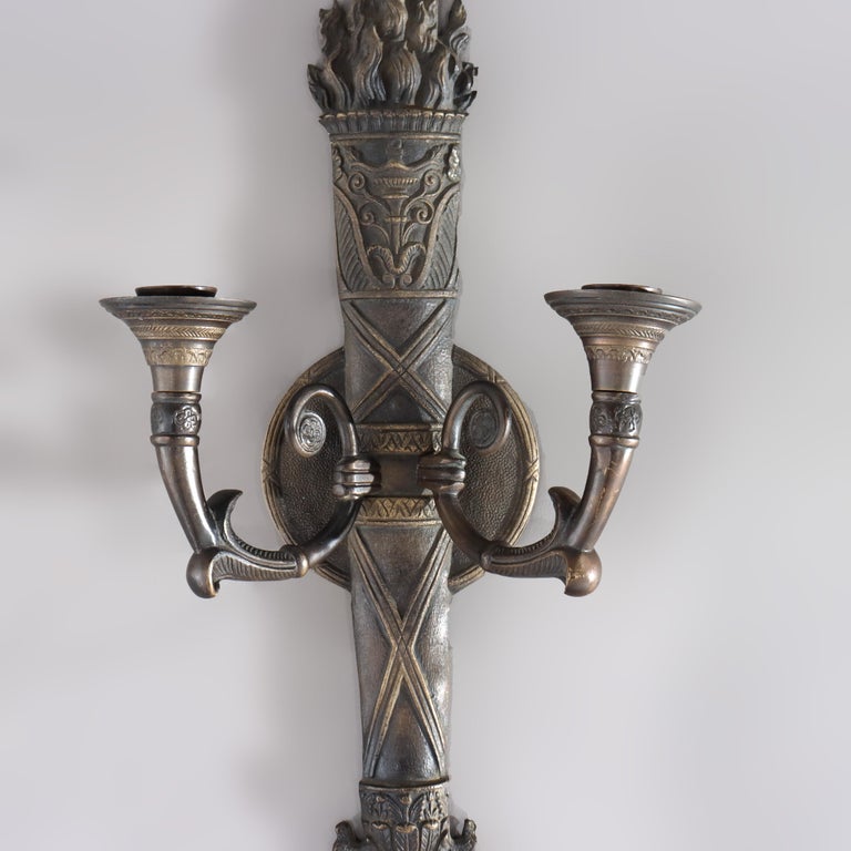 Antique Bronze Classical Torch Form Two-Light Wall Sconce C1920