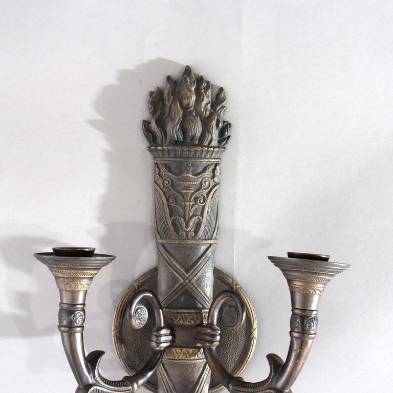 Antique Bronze Classical Torch Form Two-Light Wall Sconce C1920