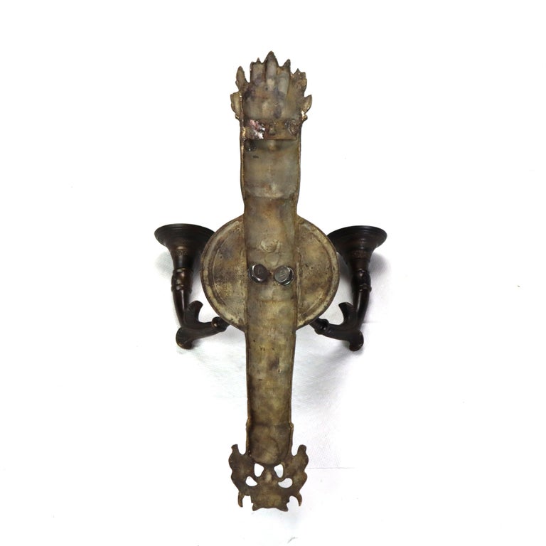 Antique Bronze Classical Torch Form Two-Light Wall Sconce C1920