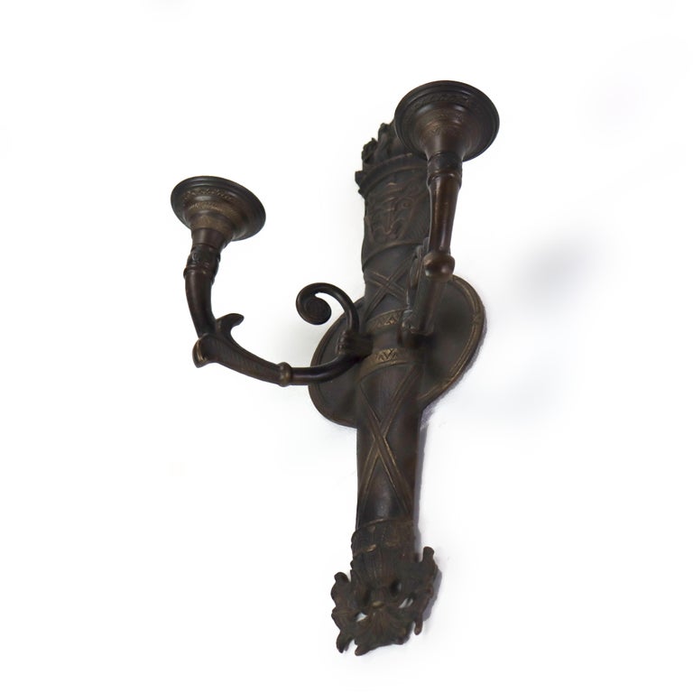 Antique Bronze Classical Torch Form Two-Light Wall Sconce C1920