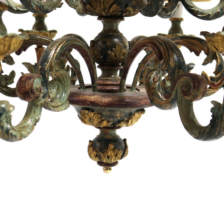 Antique Italian Style Polychromed Wood 12-Light Chandelier & Cloth Shade C1930