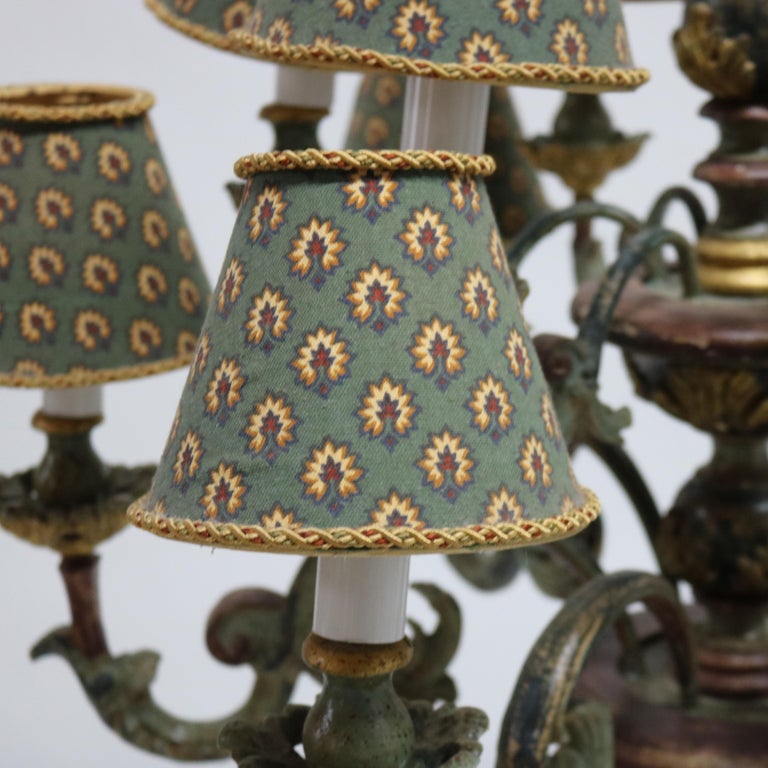 Antique Italian Style Polychromed Wood 12-Light Chandelier & Cloth Shade C1930