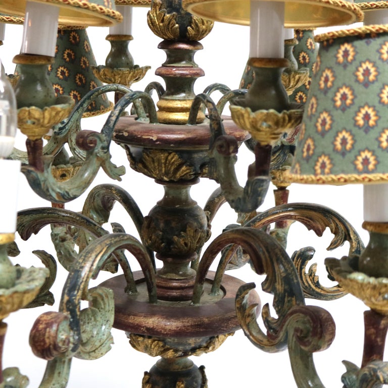 Antique Italian Style Polychromed Wood 12-Light Chandelier & Cloth Shade C1930