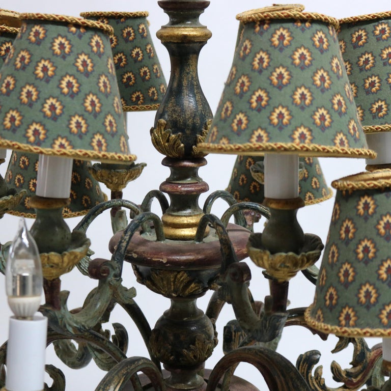 Antique Italian Style Polychromed Wood 12-Light Chandelier & Cloth Shade C1930