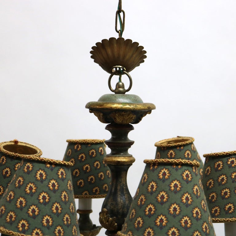 Antique Italian Style Polychromed Wood 12-Light Chandelier & Cloth Shade C1930