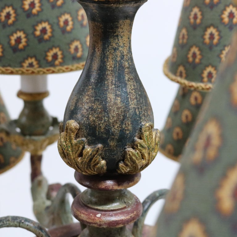 Antique Italian Style Polychromed Wood 12-Light Chandelier & Cloth Shade C1930