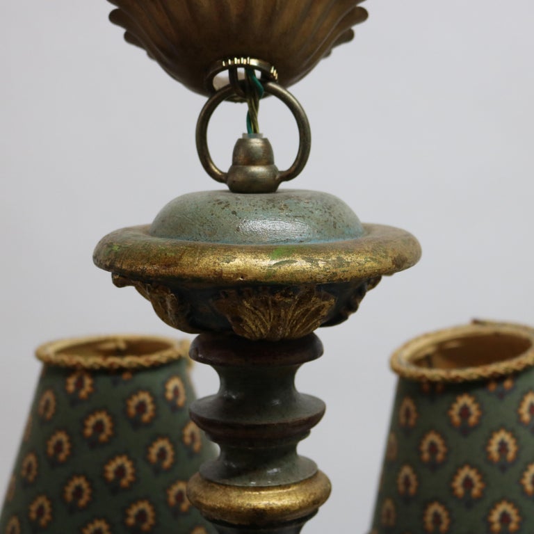 Antique Italian Style Polychromed Wood 12-Light Chandelier & Cloth Shade C1930