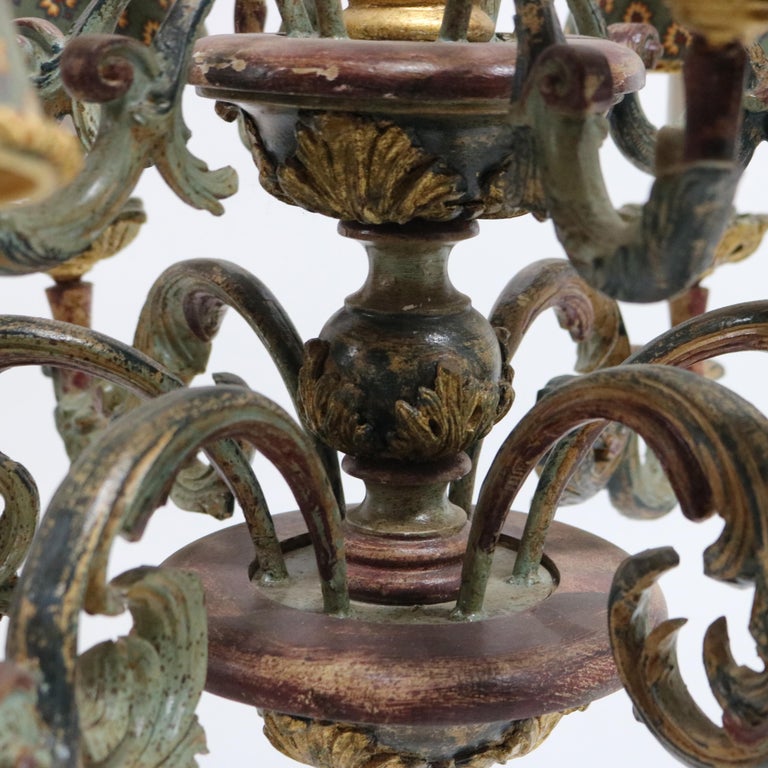 Antique Italian Style Polychromed Wood 12-Light Chandelier & Cloth Shade C1930