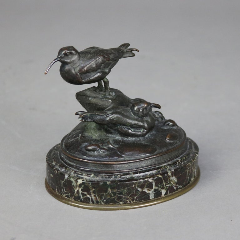 Antique Bronze Bird Grouping Sculpture on Marble Base Signed A. J. C1900