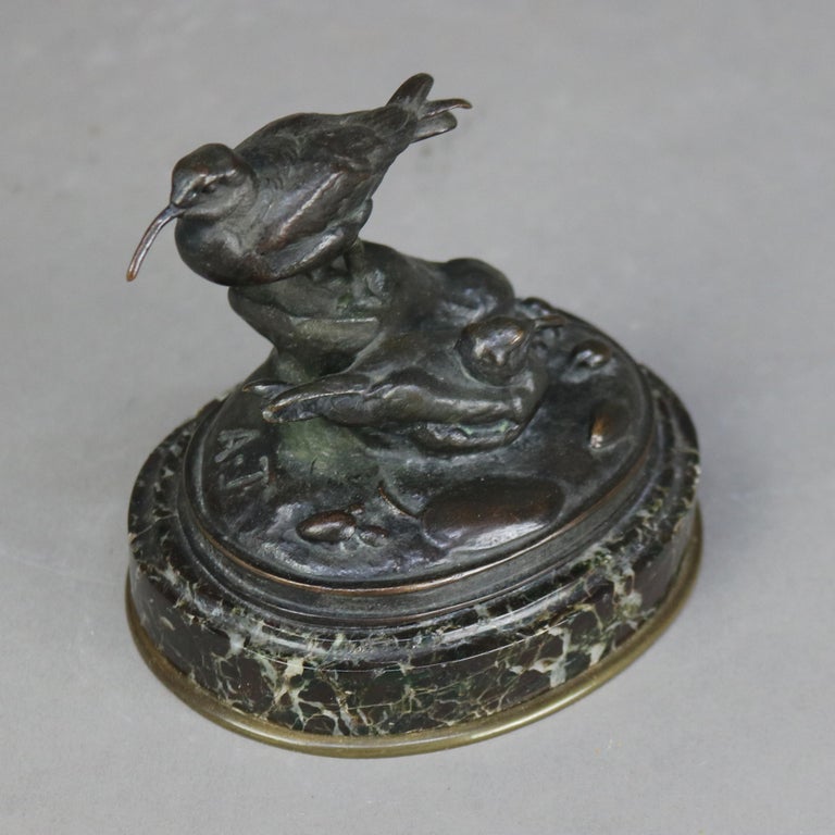 Antique Bronze Bird Grouping Sculpture on Marble Base Signed A. J. C1900