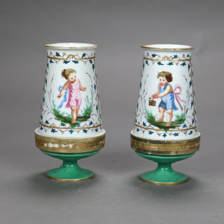 Pair Antique Old Paris Porcelain Vases with Gilt & Hand Painted Children c1890