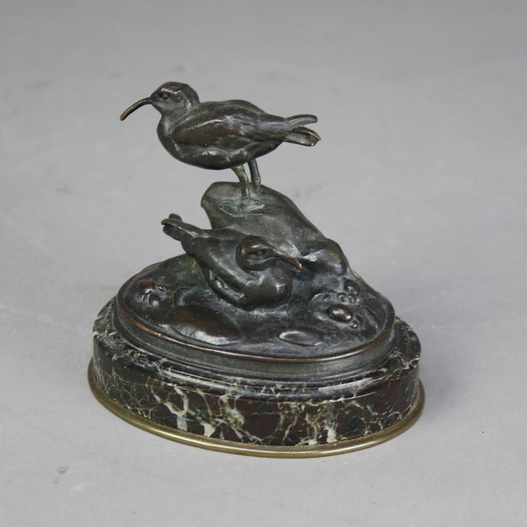 Antique Bronze Bird Grouping Sculpture on Marble Base Signed A. J. C1900