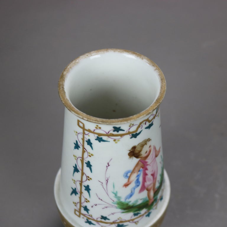 Pair Antique Old Paris Porcelain Vases with Gilt & Hand Painted Children c1890