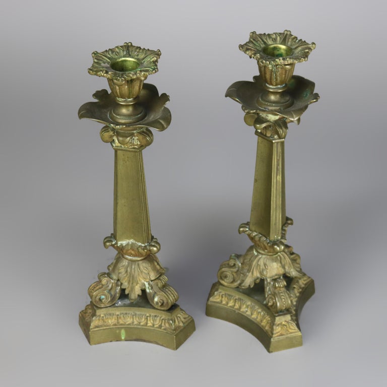 Pair of Antique Neoclassical Bronze Candlesticks with Scroll Form Feet C1890