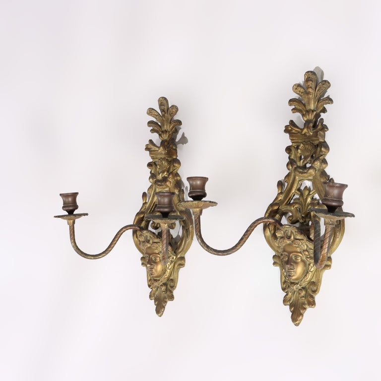 Antique Classical French Louis XIV Style Figural Bronze Candle Sconces c1920