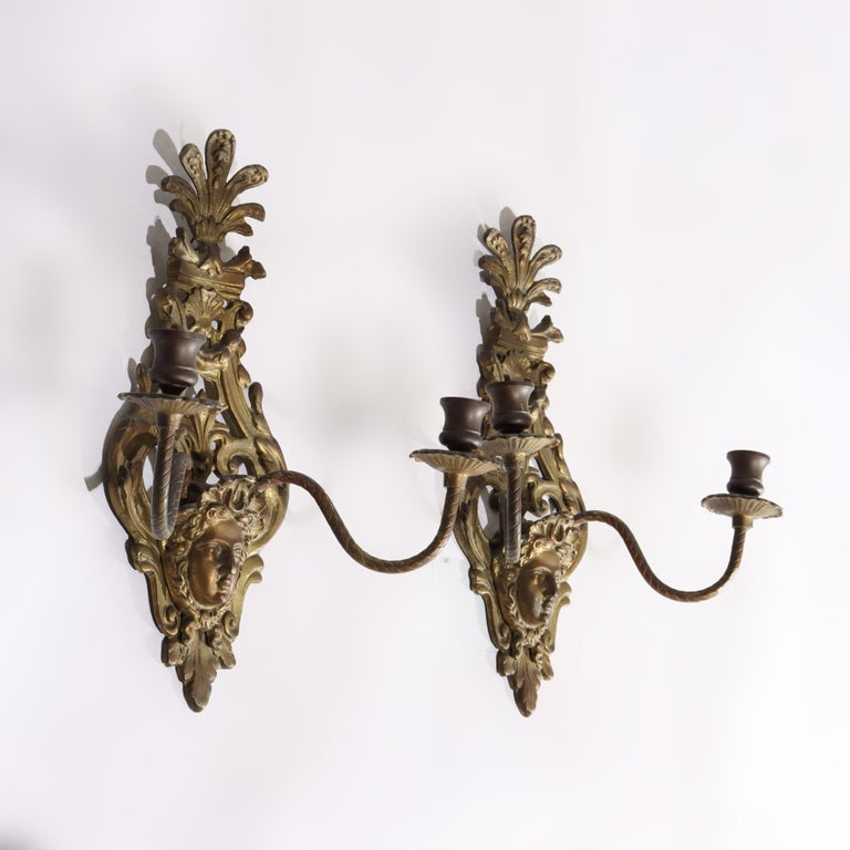 Antique Classical French Louis XIV Style Figural Bronze Candle Sconces c1920