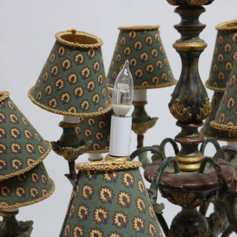 Antique Italian Style Polychromed Wood 12-Light Chandelier & Cloth Shade C1930