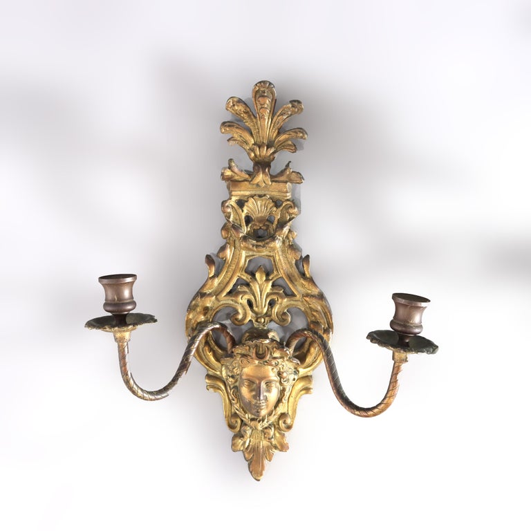 Antique Classical French Louis XIV Style Figural Bronze Candle Sconces c1920