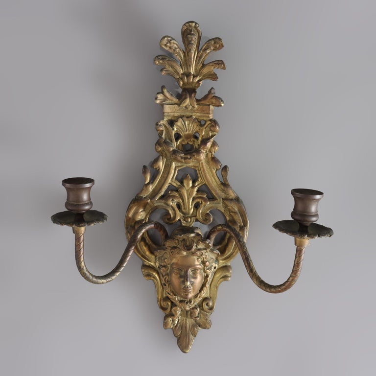 Antique Classical French Louis XIV Style Figural Bronze Candle Sconces c1920