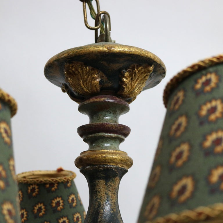 Antique Italian Style Polychromed Wood 12-Light Chandelier & Cloth Shade C1930
