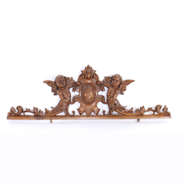 Antique Italian Figural Cherub & Crest Carved Walnut Furniture Crest C1880