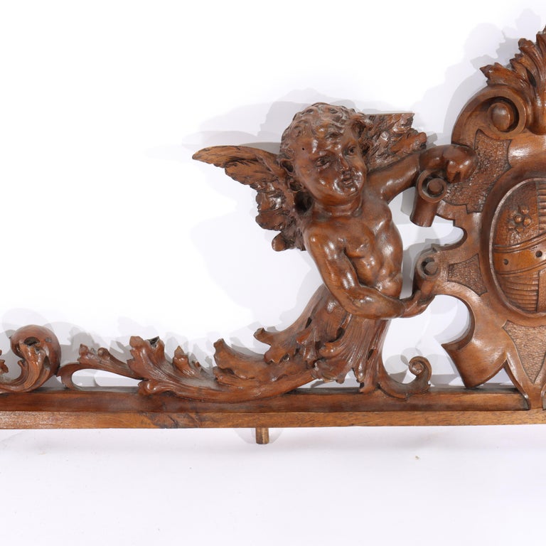 Antique Italian Figural Cherub & Crest Carved Walnut Furniture Crest C1880