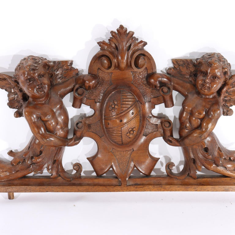 Antique Italian Figural Cherub & Crest Carved Walnut Furniture Crest C1880