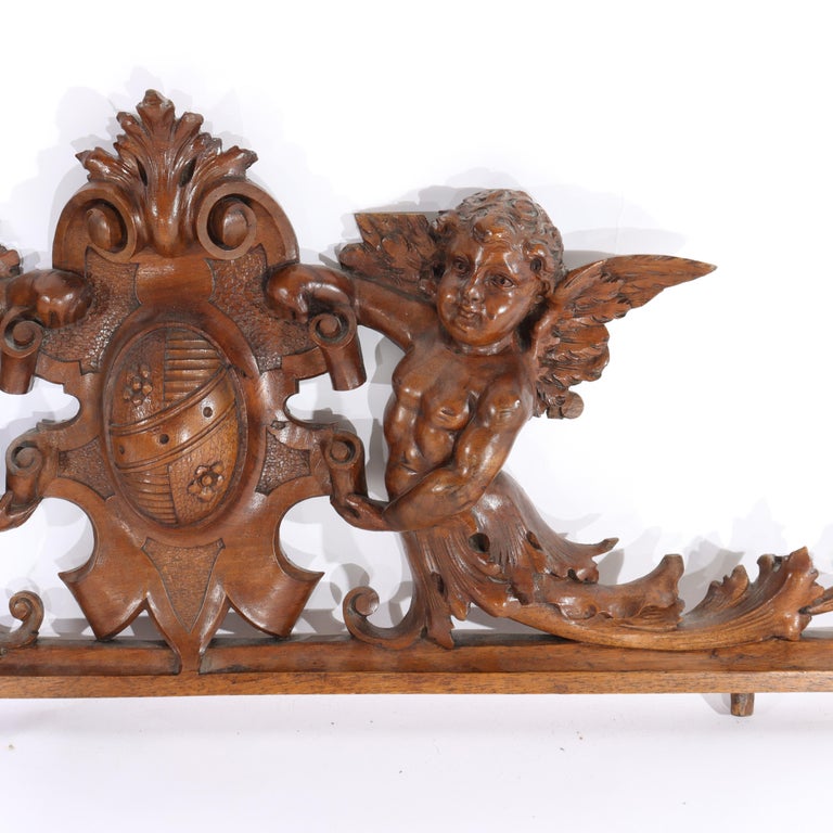 Antique Italian Figural Cherub & Crest Carved Walnut Furniture Crest C1880