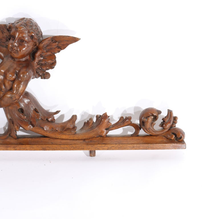 Antique Italian Figural Cherub & Crest Carved Walnut Furniture Crest C1880