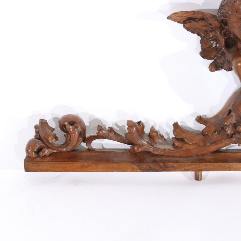 Antique Italian Figural Cherub & Crest Carved Walnut Furniture Crest C1880