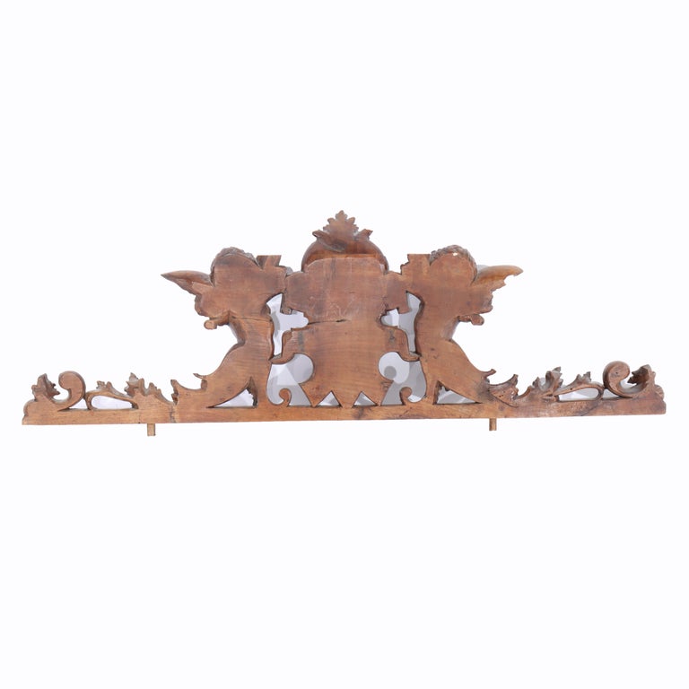 Antique Italian Figural Cherub & Crest Carved Walnut Furniture Crest C1880