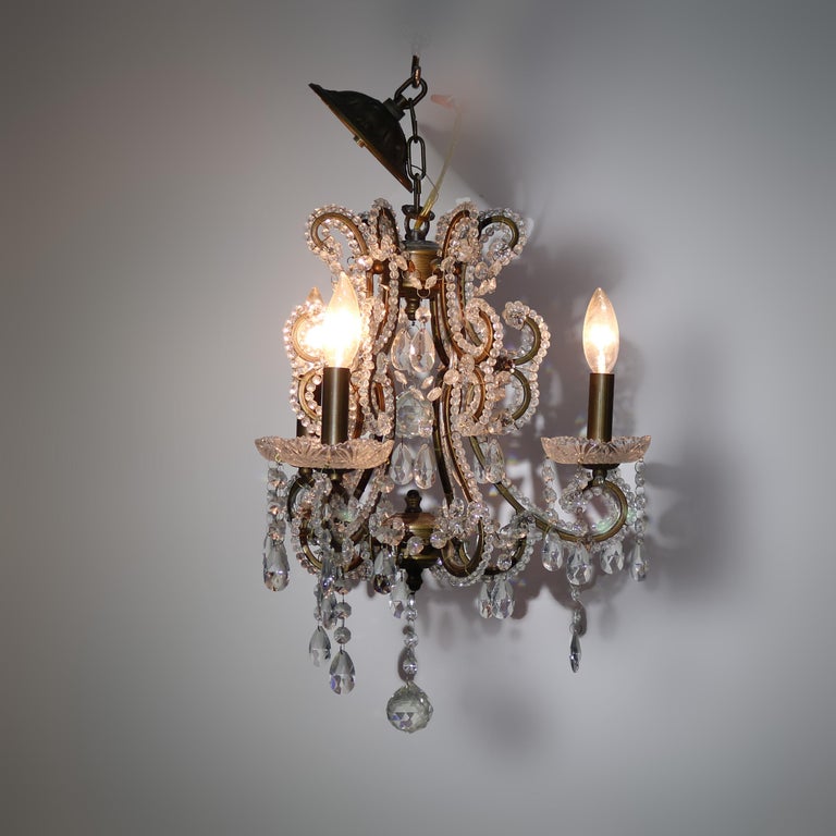 Vintage Crystal Bead and Cut Crystal Three Light Chandelier C1940