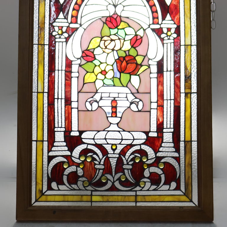 Vintage Neoclassical Style Floral Stained & Jeweled Glass Window 20thC