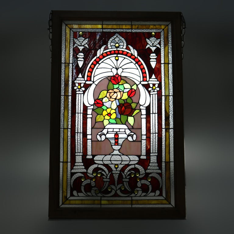 Vintage Neoclassical Style Floral Stained & Jeweled Glass Window 20thC