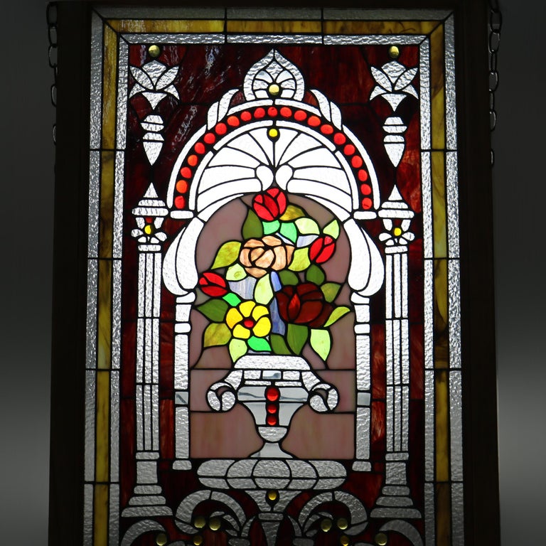 Vintage Neoclassical Style Floral Stained & Jeweled Glass Window 20thC
