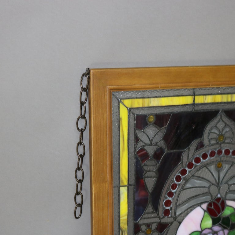 Vintage Neoclassical Style Floral Stained & Jeweled Glass Window 20thC