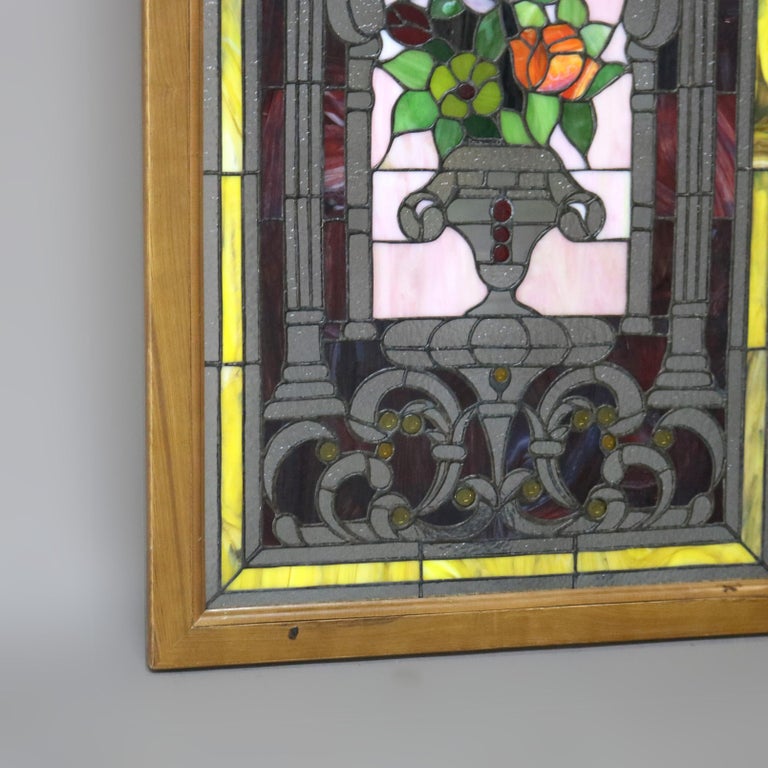 Vintage Neoclassical Style Floral Stained & Jeweled Glass Window 20thC