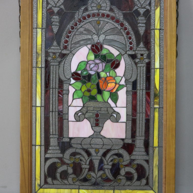 Vintage Neoclassical Style Floral Stained & Jeweled Glass Window 20thC