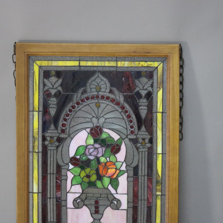 Vintage Neoclassical Style Floral Stained & Jeweled Glass Window 20thC