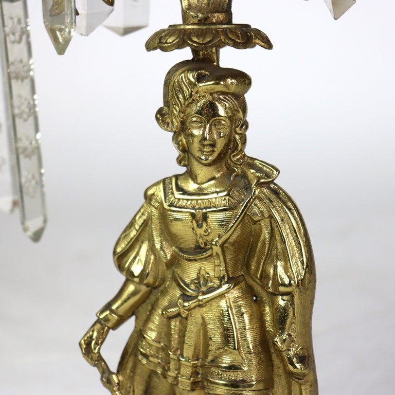 Pair of Antique Figural Brass, Crystal & Marble Girandoles C1920